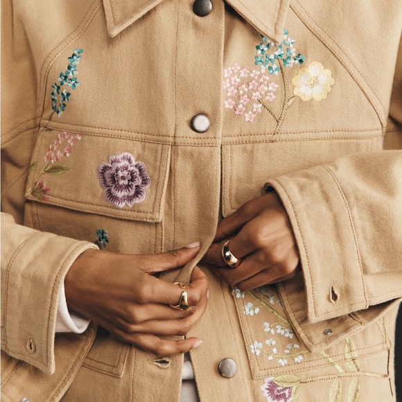 Anthropologie Jackets & Blazers - Anthropologie Beige Jean Jacket with Floral Details